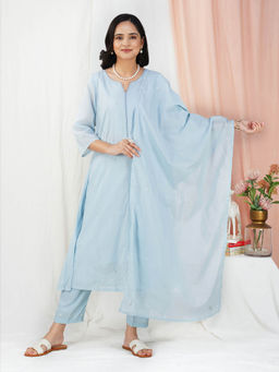 Zuri - Sky Blue Embroidered Cotton Silk Anarkali Kurta With Matching Pant And Dupatta
