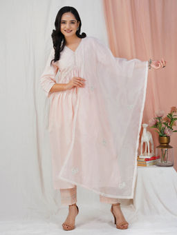 Zuri - Pink Embroidered Cotton Anarkali Kurta With Matching Pant And Dupatta