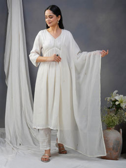 Zuri - White Embroidered Cotton Modal Anarkali Kurta With Matching Pant And Dupatta