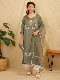 Zuri - Grey Embroidered Satin Silk Suit - Set of 3