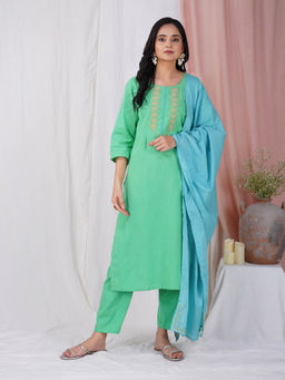 Zuri - Green Kantha Embroidered Cotton Kurta With Matching Pant And Dupatta