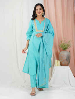 Zuri - Firozi Kantha Embroidered Cotton Kurta With Matching Pant And Dupatta
