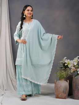 Zuri - Sea Green Embroidered Cotton kurta With Matching Pant And Dupatta