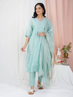 Zuri - Sea Green Embroidered Chanderi Kurta With Matching Pant And Dupatta