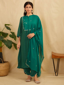 Zuri - Emerald Green Embroidered Satin Silk Suit - Set of 3