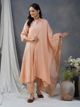 Zuri - Peach Embroidered Cotton Silk Anarkali Kurta With Matching Pant And Dupatta