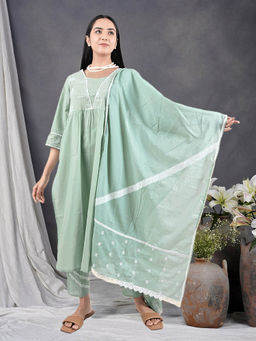 Zuri - Green Embroidered Cotton Kurta With Matching Pant And Dupatta