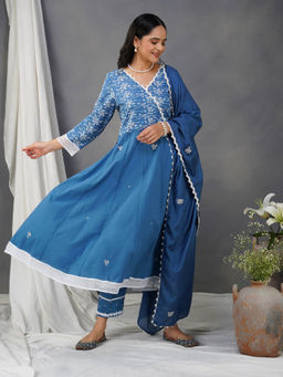 Zuri - Blue Embroidered Cotton Anarkali Kurta With Matching Pant And Dupatta