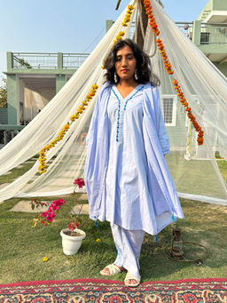 Zuri - Blue Embroidered Cotton Suit - Set of 3