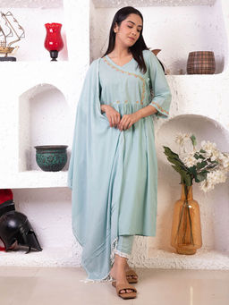 Zuri - Sea Green colorful Hand Embroidered Cotton Angrakha With Matching Pant And Dupatta