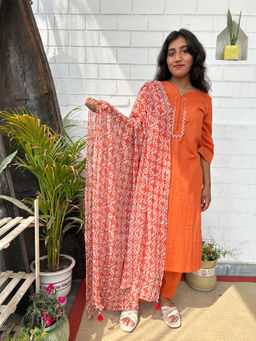 Zuri - Orange Embroidered Cotton Suit - Set of 3