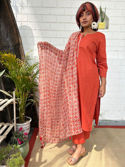 Zuri - Orange Embroidered Cotton Suit - Set of 3