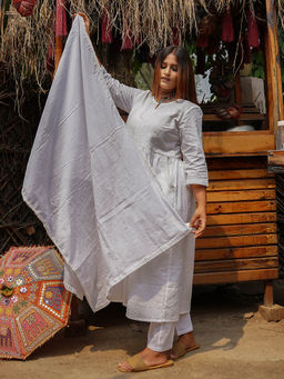 Zuri - White Embroidered Cotton Anarkali Kurta with Cotton Pant and Embroidered Dupatta- Set of 3