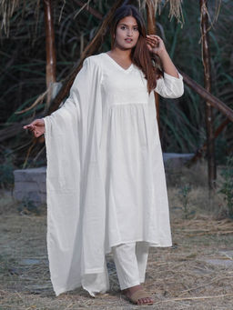 Zuri - White Yoke Embroidered A-Line Cotton Kurta with Cotton Pant and Embroidered Dupatta - Set of 3