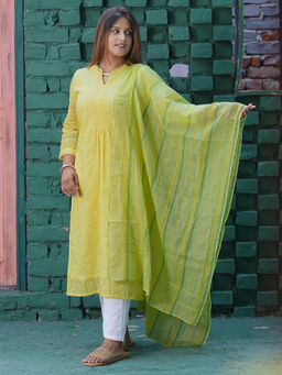 Zuri - Lemon Yellow Embroidered Cotton Kurta with White Pant and Dupatta - Set of 3