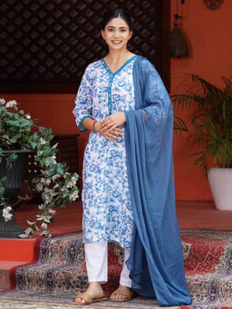 Zuri - White Blue Printed Cotton Embroidered Kurta with Cotton Pant and Chiffon Dupatta- Set of 3
