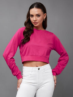 Miss Chase - Womens Pink Solid Full Sleeve Round Neck Cotton Crop Tops
