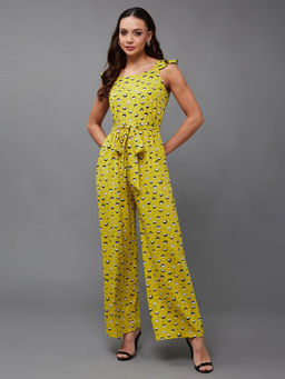 Miss Chase - Women's Multicolored-Base-Mustard Sleeveless Waist Tie-Up Cotton Jumpsuit