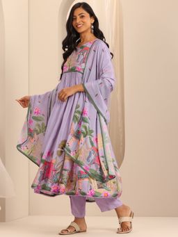 Libas - Lilac Tribal Printed Pleated Anarkali Kurta with Trouser and Dupatta (Set of 3)