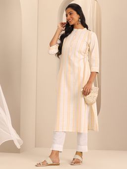 Libas - Yellow and White Ethnic Motif Woven Design Straight Kurta