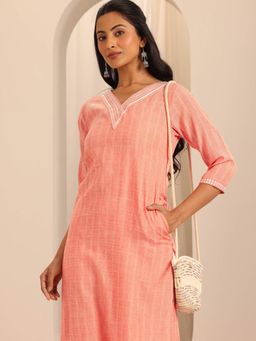 Libas - Peach Woven Design Straight Kurta with Pocket and Dobby Weave