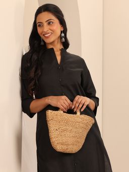 Libas - Black Pocket Multiple Slits Solid Straight Kurta