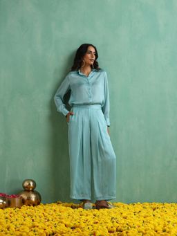 Indy Raaga - Women Turquoise Solid Muslin Co-Ord Set