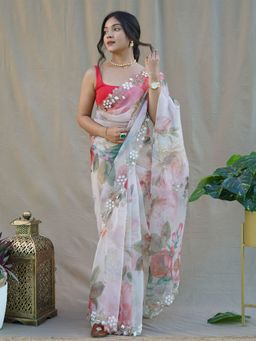 Odette - White Organza Printed Saree with Unstitched Blouse