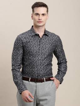 Turtle - Mens Cotton Slim Fit Jacquard Grey Party Shirt