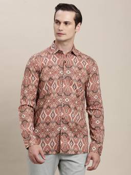 Turtle - Mens Cotton Modal Slim Fit Printed Brown Party Shirt