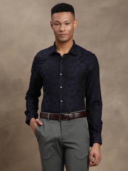 Turtle - Mens Cotton Slim Fit Jacquard Navy Blue Party Shirt