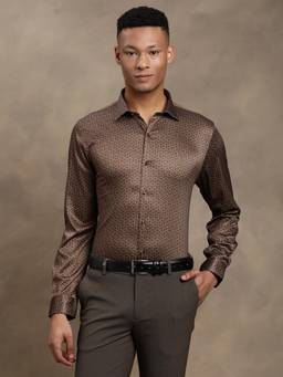 Turtle - Mens Cotton Stretch Slim Fit Printed Dark Brown Party Shirt