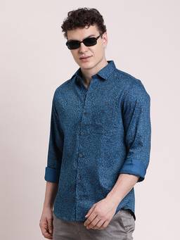 Turtle - Mens Slim Fit Printed Pure Cotton Blue Party Shirt