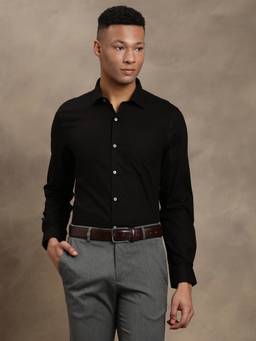 Turtle - Mens Cotton Slim Fit Dobby Black Formal Shirt