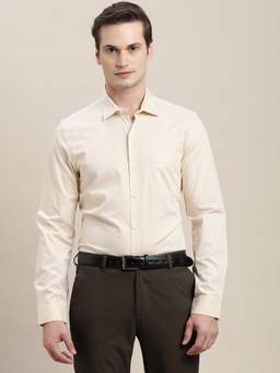 Turtle - Mens Pure Cotton Slim Fit Dobby Full Sleeve Beige Formal Shirt