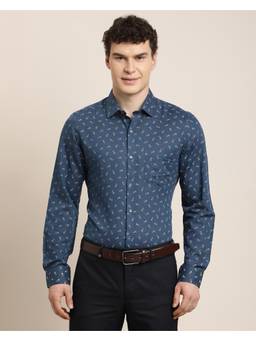 Turtle - Mens Regular Fit Printed Cotton Linen Blue Formal Shirt