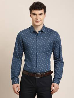 Turtle - Mens Slim Fit Printed Cotton Linen Blue Formal Shirt