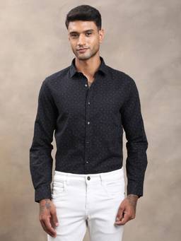 Turtle - Mens Slim Fit Printed Cotton Linen Black Formal Shirt