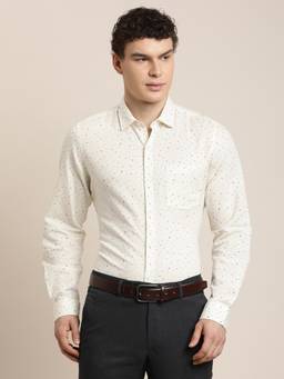 Turtle - Mens Slim Fit Printed Cotton Linen Beige Formal Shirt