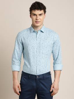 Turtle - Mens Slim Fit Printed Cotton Linen Light Blue Formal Shirt