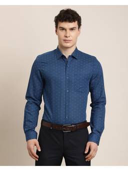 Turtle - Mens Slim Fit Printed Cotton Linen Blue Formal Shirt