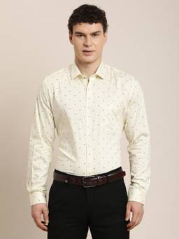 Turtle - Mens Slim Fit Printed Cotton Tencel Beige Formal Shirt