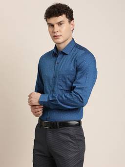 Turtle - Mens Slim Fit Printed Pure Cotton Blue Formal Shirt