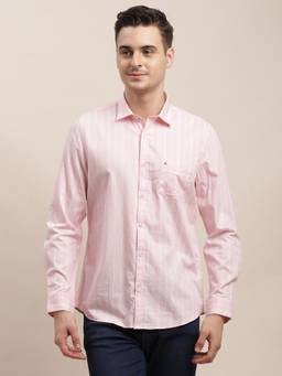 Turtle - Mens Slim Fit Stripes Pure Cotton Light Pink Casual Shirt
