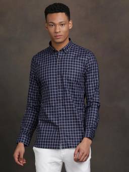 Turtle - Mens Cotton Slim Fit Checks Blue Casual Shirt