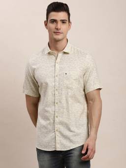 Turtle - Mens Cotton Slim Fit Printed Beige Casual Shirt