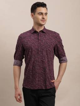 Turtle - Mens Slim Fit Printed Cotton Modal Maroon Casual Shirt