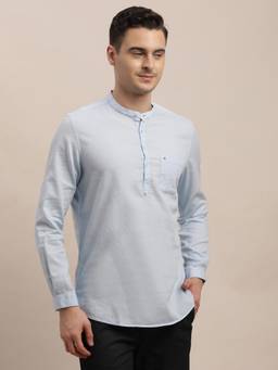 Turtle - Mens Slim Fit Solid Pure Cotton Light Blue Casual Kurta Shirt