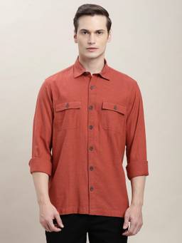 Turtle - Mens Cotton Relaxed Fit Solid Orange Denim Shirt