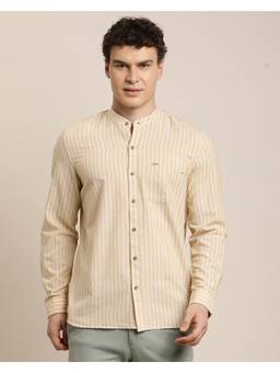 Turtle - Mens Slim Fit Stripes Khadi Beige Casual Shirt
